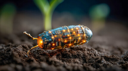 Close-up of futuristic smart seed with glowing microchips in soil, innovation in bioengineering and agricultural technology