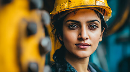 Close-up portrait of female engineer in yellow safety helmet, confident woman working in industrial environment