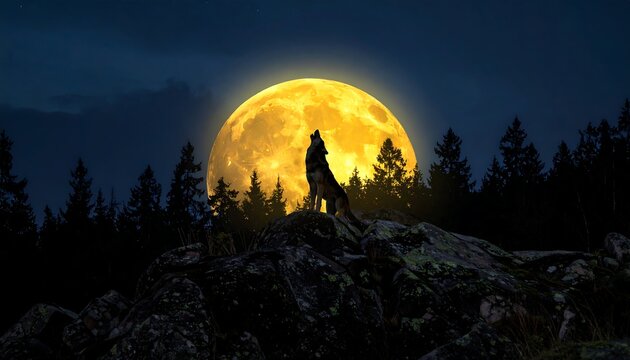 Wolf silhouette atop rocky outcrop against a vibrant, glowing full moon in a dark, silhouetted forest
