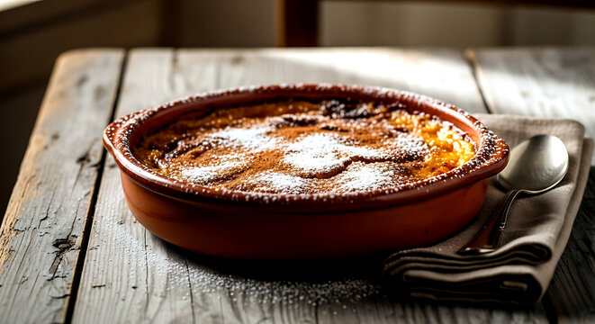 Still life composition, Rustic farmhouse style of authentic Portuguese Sericaia pumpkin pudding with cinnamon and powdered sugar 