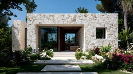 Fototapeta premium Modern Small House with Garden Minimalist Limestone Coastal Danish Style Sunny Weather Vibrant Views Crisp Details Radiant Lighting Elegant Design Luxurious Ambiance (AI-Generated)