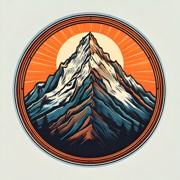 Majestic Mountain Peak Emblem with Sunburst and Circular Border.