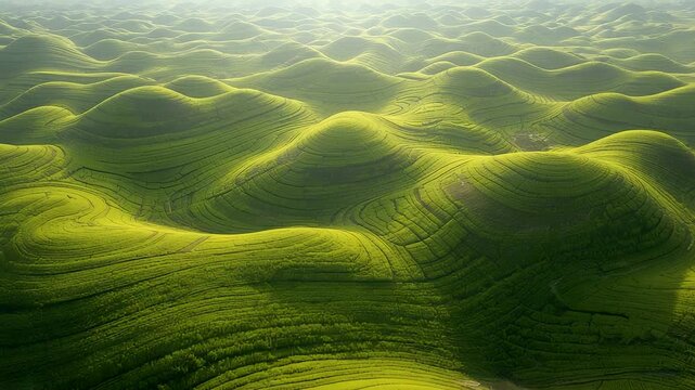 Aerial View of Endless Rolling Green Hills Covered in Lush Tea Plantations at Sunrise