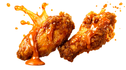 Two fried chicken wings coated in glossy orange sauce