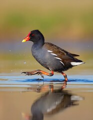 Beautiful close up of a colorful moorhen water bird walking gracefully on the surface of a lake with natural reflection and soft blurred background wildlife photography