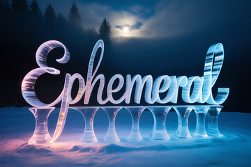 Stunning ephemeral winter scene with glowing ice letters under moonlight, a captivating and magical landscape for seasonal campaigns and artistic projects