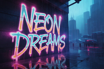 Immerse yourself in the vibrant glow of neon dreams amidst a futuristic city skyline on a rainy night, capturing the essence of urban fantasy and vibrant escapism
