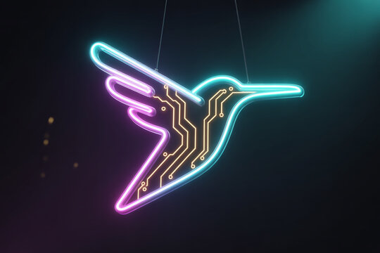 Futuristic neon hummingbird with glowing circuit design for a high tech brand, vibrant and eye catching, perfect for technology or innovation themed projects - Powered by Adobe