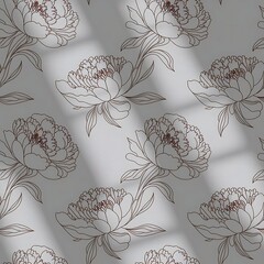 Seamless pattern, hand drawn outline pink Peony flowers on white background