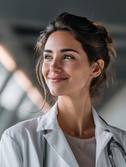 Obraz premium Smiling Doctor in White Coat With Stethoscope Stands Confidently in a Clinical Setting During a Bright Day