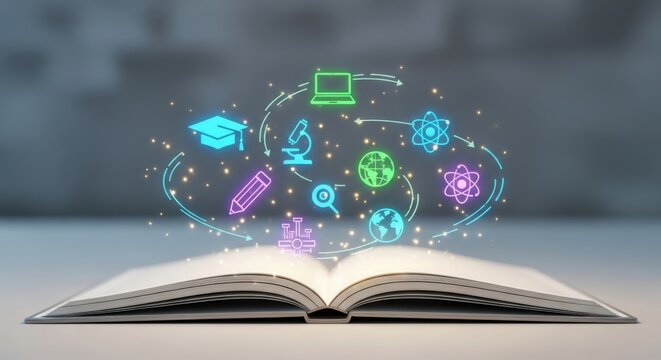 Open book with glowing education icons a concept for learning and knowledge vector illustration