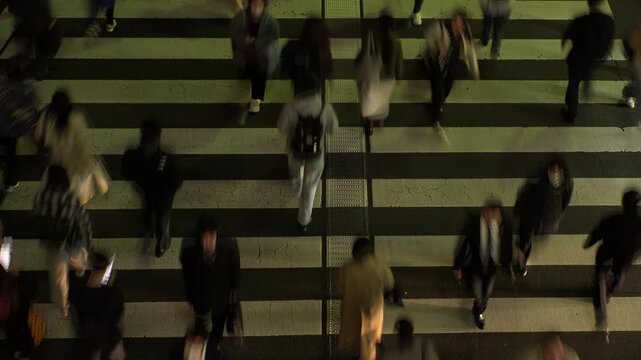 TOKYO, JAPAN : Aerial high angle top view of zebra crossing at night. Crowd of people (commuters) walking down the street. Japanese people and lifestyle concept video.