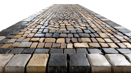 Cobblestone Path of Architectural Harmony: An eye-level perspective reveals a captivating cobblestone path, a testament to enduring craftsmanship, stretching endlessly. The mosaic of stones.
