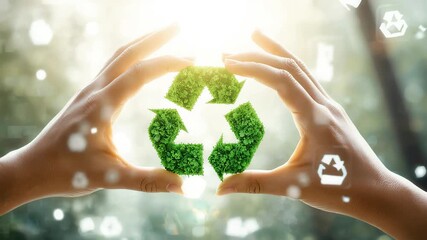 Hands Forming Heart Shape Around Green Grass Recycling Symbol in Bright Sunlight