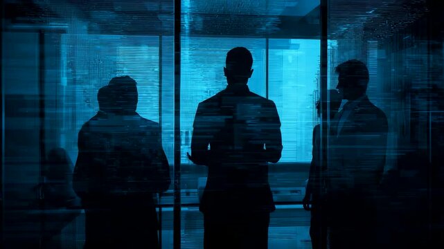 Three Businessmen Silhouettes Standing Side by Side Looking Through Large Glass Window
