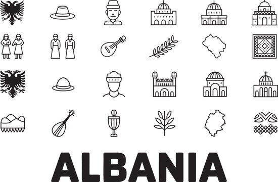 Albania line icons set national symbols famous landmarks culture traditional clothing and heritage elements collection