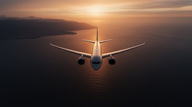 Airplane over ocean at sunset inspiring travel and adventure