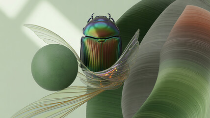 Iridescent beetle with delicate wings and a green sphere against a soft, abstract background