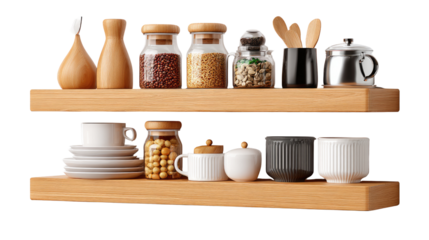 Kitchen shelf: An array of kitchenware artfully arranged on a wooden shelf, a still life of culinary elegance. It embodies the essence of functionality and minimalist design in a curated arrangement.