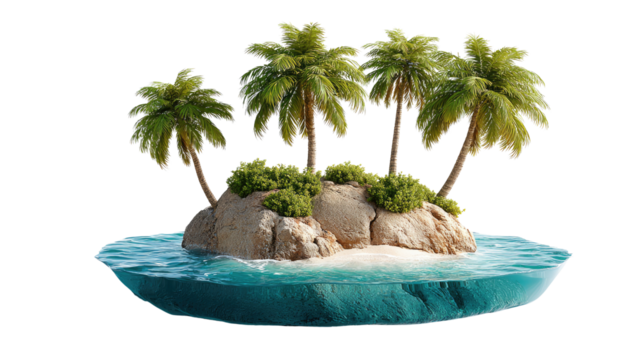 Tropical Paradise: a miniature island oasis adorned with lush palm trees and tranquil turquoise waters, evokes a sense of escape and serenity.