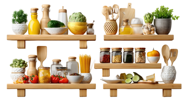 Culinary Corner: Wooden shelves host an assortment of kitchen essentials, featuring an array of food items and cooking tools, creating a scene of culinary inspiration and functional design.