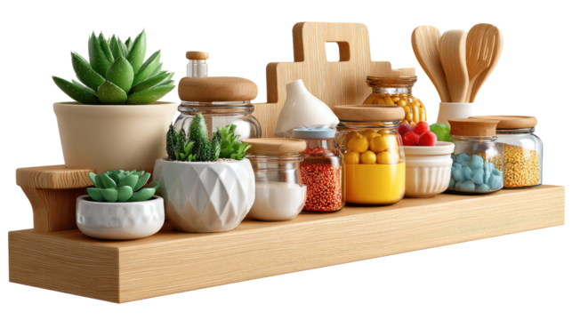 Culinary Treasures Display: A wooden shelf brimming with an assortment of culinary ingredients and decorative items, offering a glimpse into the art of gastronomy and home decor.