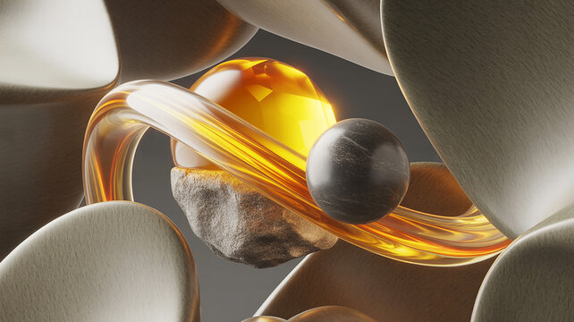 Abstract 3d render of a yellow orb and grey sphere amidst organic shapes and liquid gold