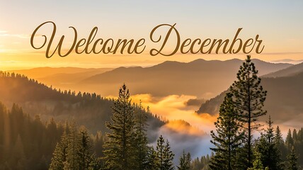 Welcome december text overlay on misty mountain sunrise landscape