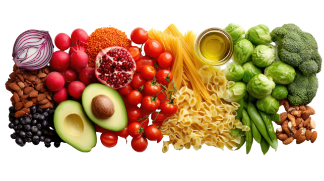 Culinary Spectrum: A vibrant display of wholesome, fresh, and colorful foods arranged to create a visually appealing rainbow of ingredients, perfect for inspiring healthy eating habits.