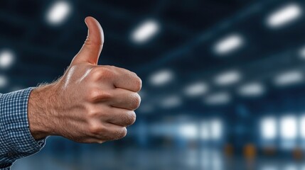 Car mechanic gives a thumbs up while holding a wrench in a busy service garage with a blurred background
