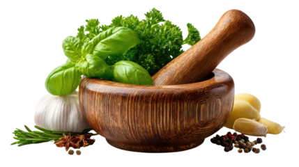 Aromatic Culinary Bliss: A rustic wooden mortar and pestle cradle a symphony of fresh, vibrant herbs and spices. Emitting aroma, the photo capture the essence of culinary creativity.