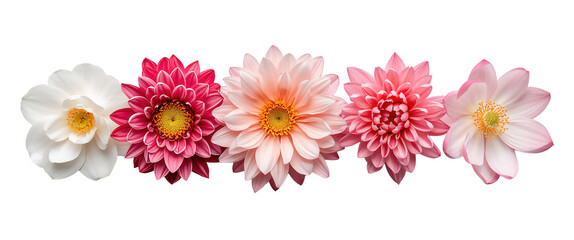 A line of beautiful colorful Dahlia flowers in shades of white, pink, and red on A horizontal line of soft white & pink spring flowers with orange centers against transparent background
