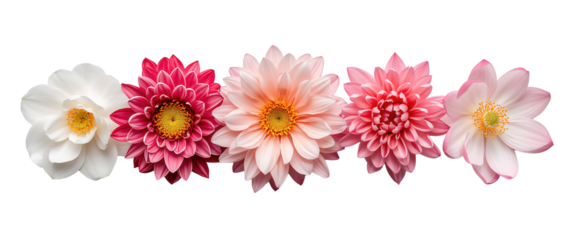 A line of beautiful colorful Dahlia flowers in shades of white, pink, and red on A horizontal line of soft white & pink spring flowers with orange centers against transparent background