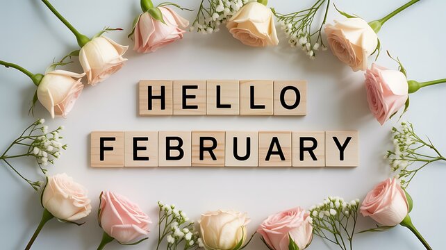 Hello february text surrounded by roses and babys breath flowers