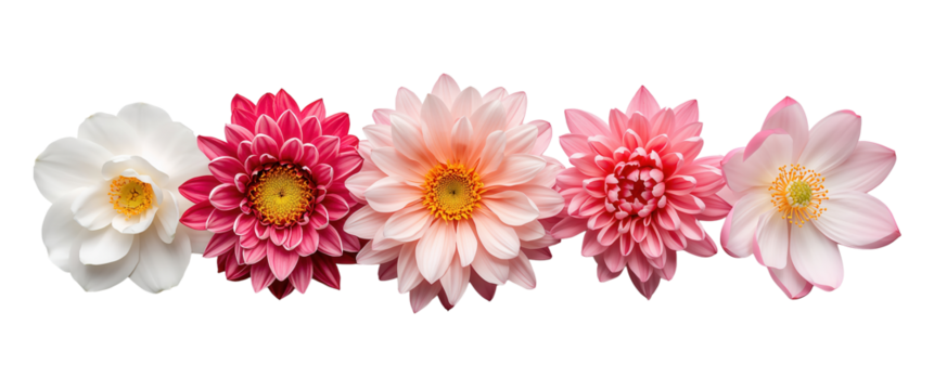 A line of beautiful colorful Dahlia flowers in shades of white, pink, and red on A horizontal line of soft white & pink spring flowers with orange centers against transparent background