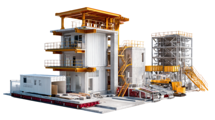 Modular Construction Site: A detailed view of a modular construction site showcases prefabricated buildings, highlighting the efficiency and modern design of the industry. 