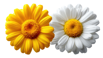Floral Duet: Two vibrant daisies, one radiant yellow and the other pristine white, stand side by side, their contrasting colors and intricate details showcasing the beauty and diversity of nature.