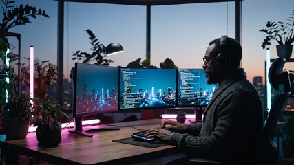 Man coding at workstation with monitor. Developer programmer works on computer. Headset on while typing at desk. Office framed by window and city skyline. Ambient lighting boosts workspace focus. - Powered by Adobe