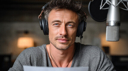 Confident male podcaster with headphones and microphone in modern studio, holding script, focused and engaging expression
