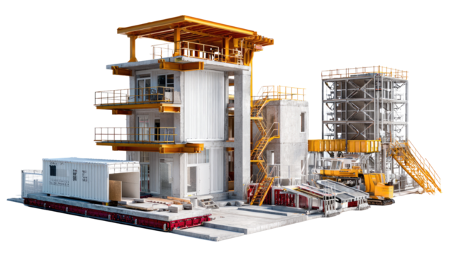 Modular Construction Site: A detailed view of a modular construction site showcases prefabricated buildings, highlighting the efficiency and modern design of the industry. 