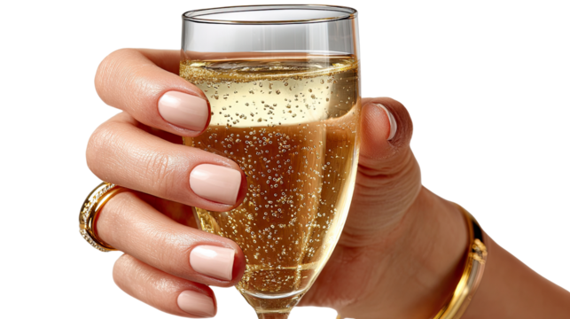 Toast of Elegance: An elegant hand, adorned with delicate jewelry, gracefully holds a flute of sparkling champagne, capturing a moment of celebration and sophistication.