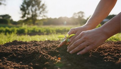 Sustainable growth and ESG concept &mdash; hands planting a young seedling in soil under sunlight