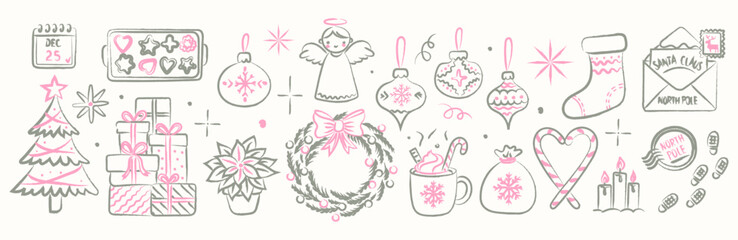 Chalk-style Christmas doodle collection featuring gifts, an angel, a wreath, a tree, and ornaments in soft pink and gray. Hand-drawn crayon illustration of cozy winter holiday elements for charming 