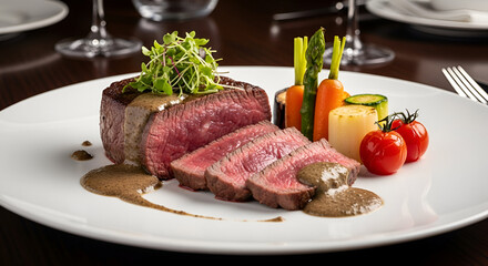 Juicy medium-rare steak served with grilled vegetables and sauce in a fine dining restaurant setting.