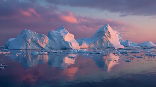 Icebergs float in calm waters reflecting the colorful sky a serene arctic landscape perfect for travel and environmental themes