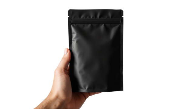 Hand holding black standing pouch packaging isolated on transparent background