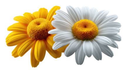 Duo of Delight: Two vibrant daisies, one bathed in golden hues and the other in pristine white, exude purity and natural beauty. These floral jewels of summer offer a touch of serenity and joy.