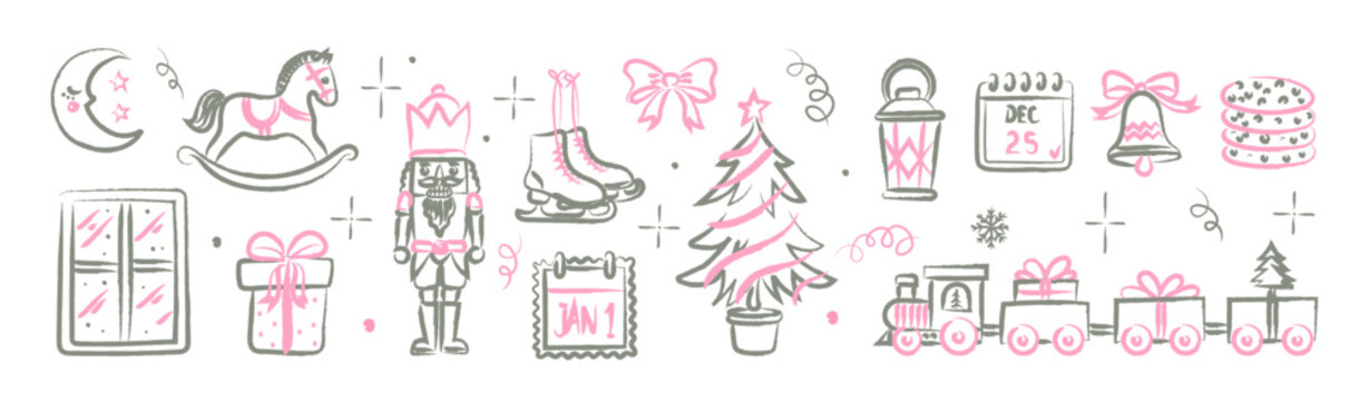 Chalk Christmas doodle elements set with nutcracker, tree, gifts, rocking horse, bell, and cookies. Hand drawn pink and grey crayon sketch festive vector illustration for holiday decor and cards.