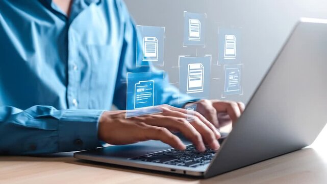 Digitization Process Illustrated: Man Working on Laptop, Documents Symbolism