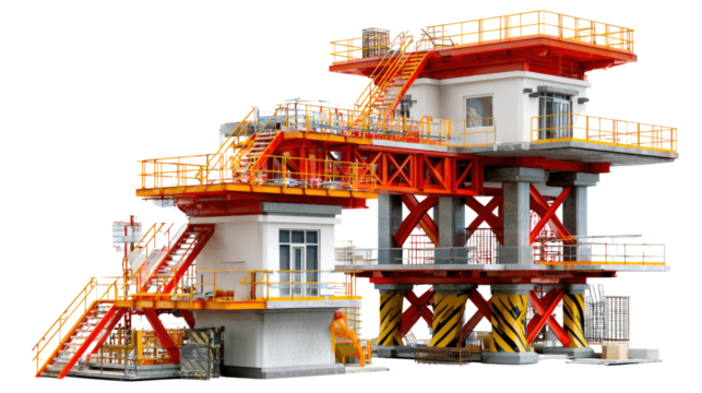 Industrial Complex: A striking industrial complex. The scene showcases modern architectural ingenuity and engineering prowess. It highlights the use of sturdy support structures, intricate staircases.